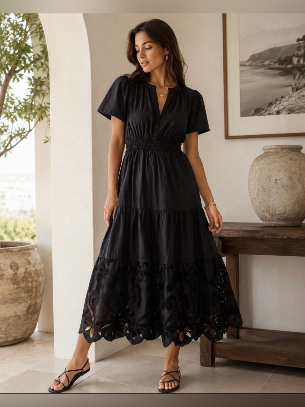 Haute Hippie Black Cotton Tiered Maxi Dress Size S Lace Cutwork Boho